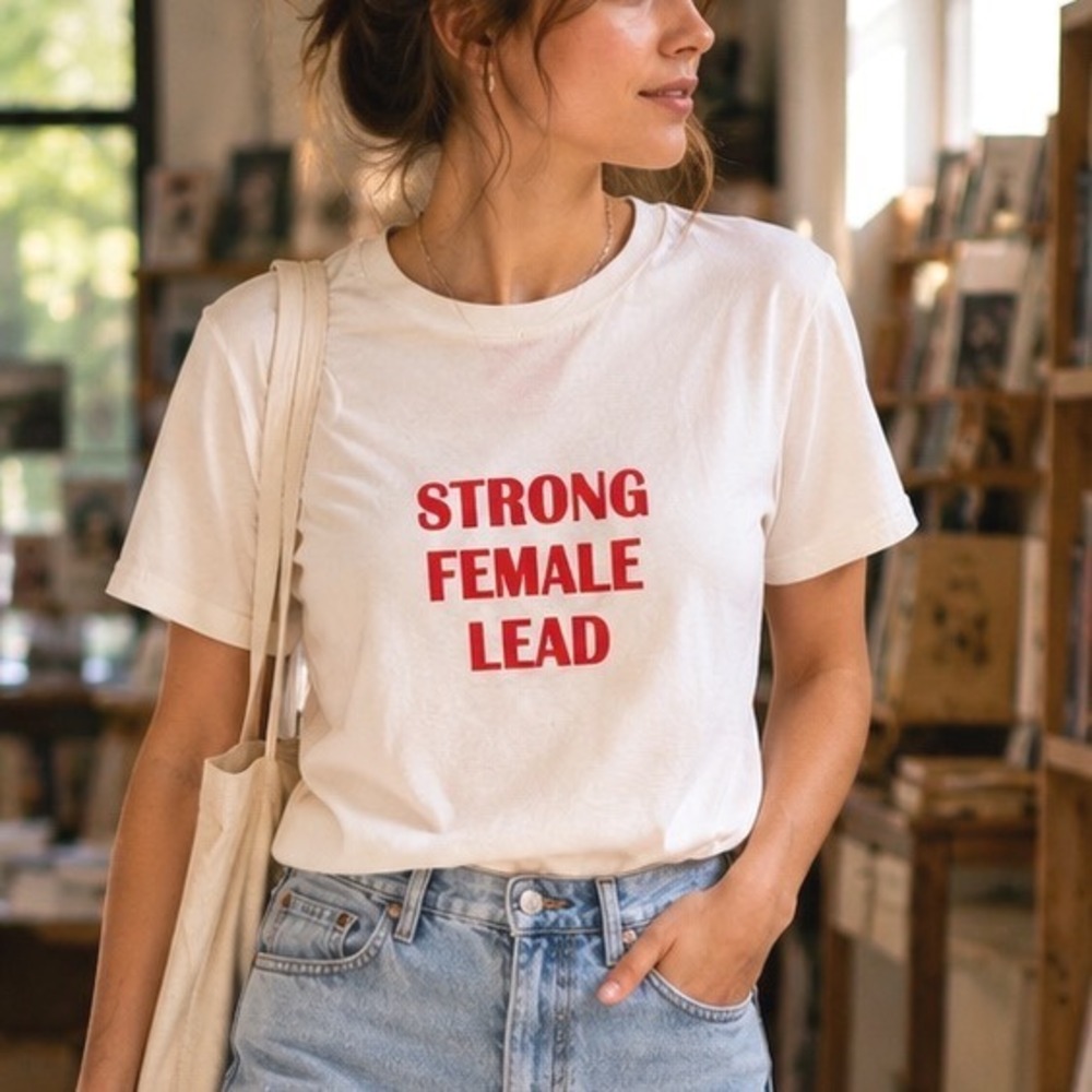 REALM Strong Female Lead Graphic Tee Small Cream Red Slogan Shirt Feminist